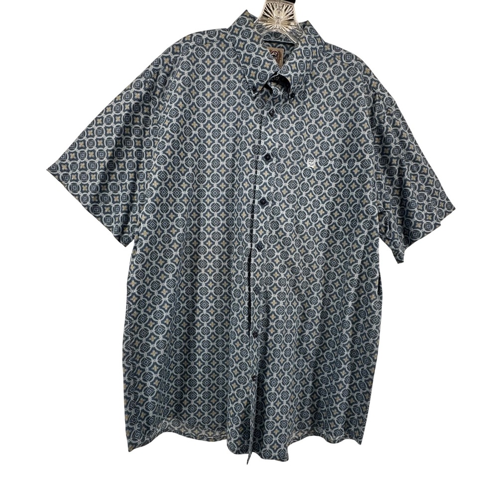 Cinch Mens Blue Geometric Medallion Print Short Sleeve Button Down Shirt Large
